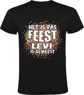 Het is pas feest als Levi is geweest Heren T-shirt - carnaval - feestje - party - confetti - festival - humor - grappig