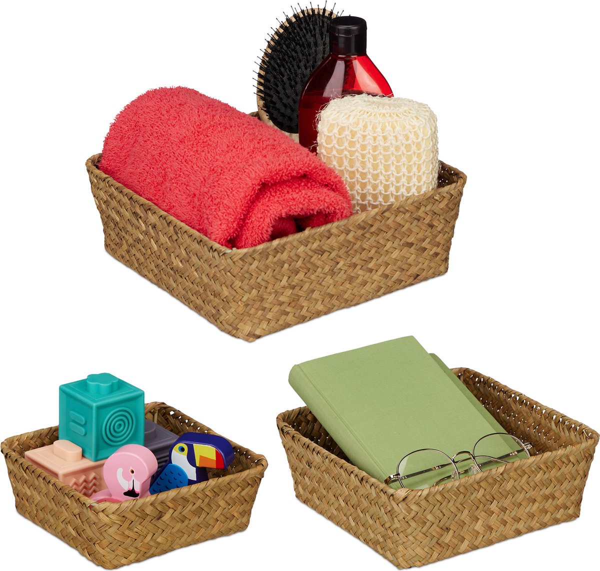 gevlochten mand - zeegras - set van 3 - 3 maten - vierkant - badkamer