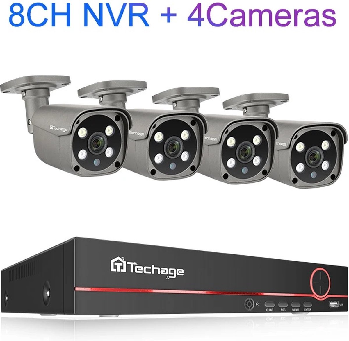 Oopers Techage H.265 8CH 5MP 4K 1T Poe Camera System - CCTV - Outdoor Buiten - Home Security Camera Systeem - Wifi Camera Set - Video + Audio-opname - Beveiligingscamera - 4 Camera’s - Nachtzicht - Motion Detector