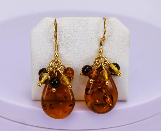 Brigada - boucles d'oreilles en grappe d'ambre - 50 millions d'années - cognac - argent sterling 925 plaqué or 18 carats