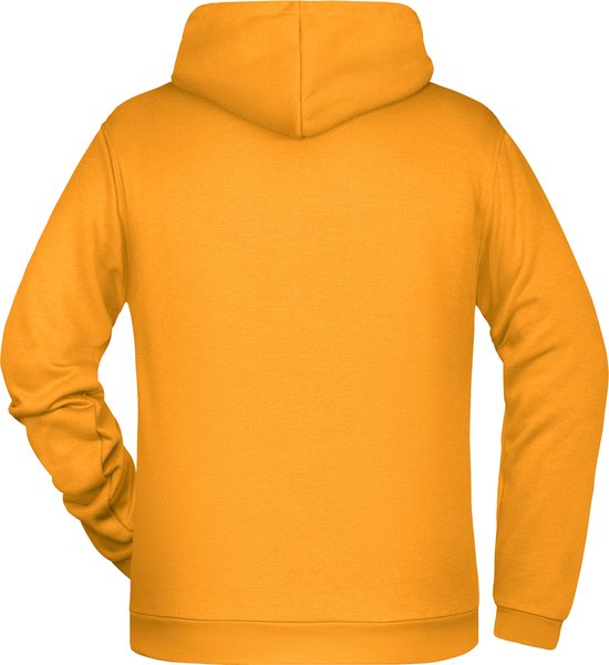 Achterkant van een effen gouden hoodie met lange mouwen en capuchon.