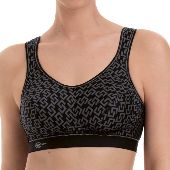 Zwarte sportbeha met grijs patroon van 'G'-vormige lijnen, Racerback, Anita Active.