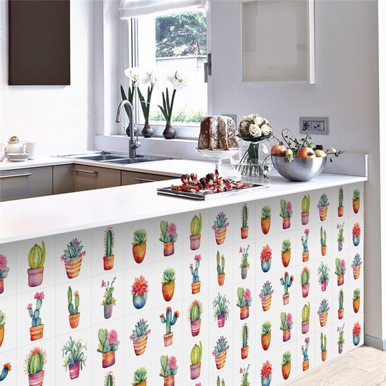Ulticool Décoration carrelages Autocollant - Cactus Plante en Pot - 15x15 cm - 15 pièces Autocollants de Carrelage en Film Adhésif Stickers muraux - Carrelage Autocollant - Sticktiles - Salle de Bain - Cuisine