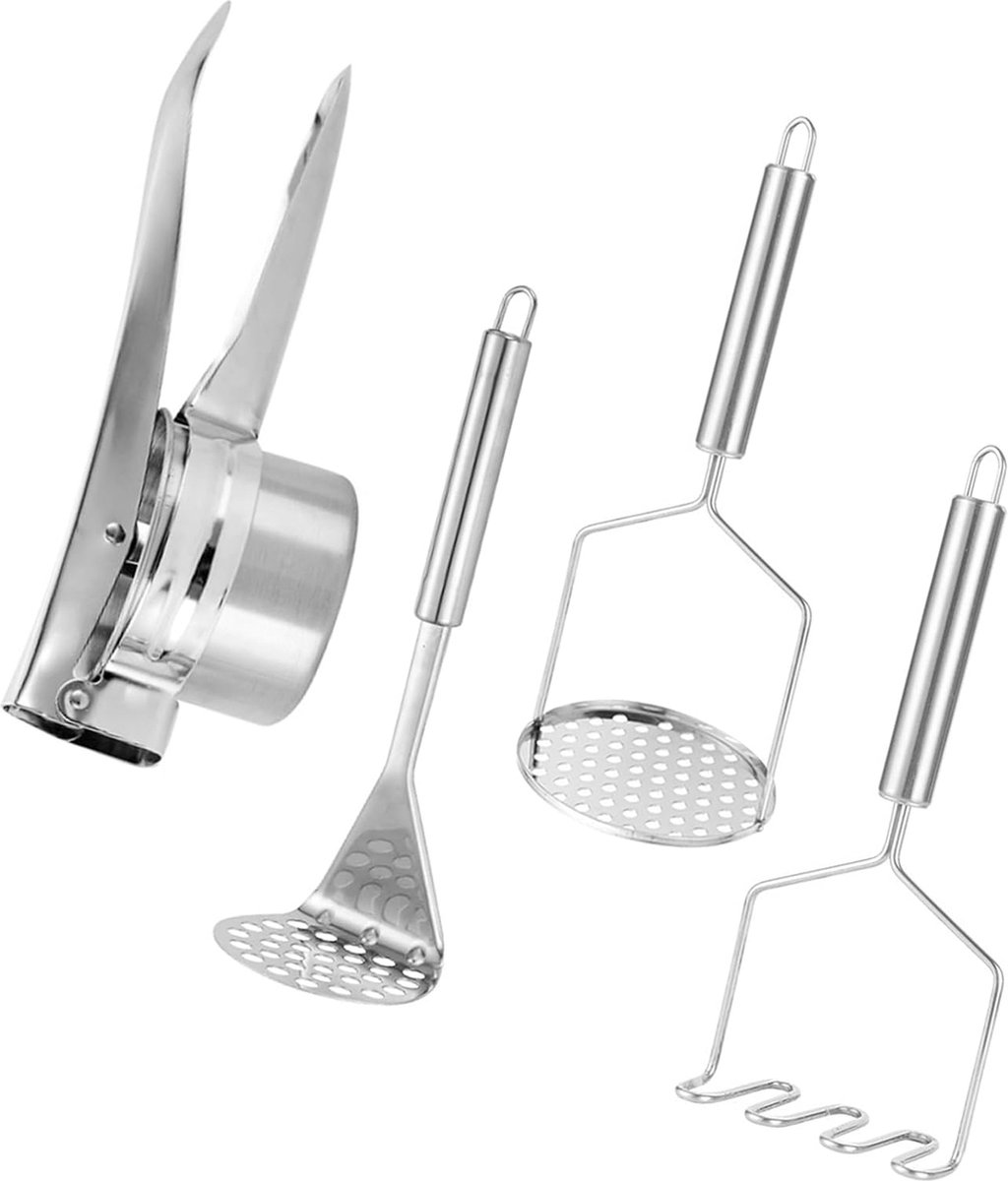 Aardappelstamper, roestvrij staal, 27 cm pers, roestvrij staal, roestvrijstalen aardappelstamper, set van 4, lange steel, vaatwasmachinebestendig, handstamper, aardappelstamper (10,6 inch)