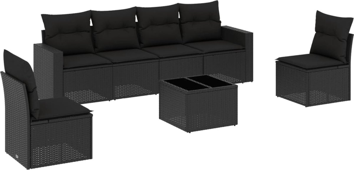 vidaXL 7-delige - Loungeset - met - kussens - poly - rattan - zwart