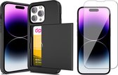Hoesje met Pasjeshouder geschikt voor iPhone 15 Pro - Screen Protector GlassGuard - Back Cover SlideCase Zwart & Screenprotector