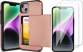 Hoesje met Pasjeshouder geschikt voor iPhone 15 Plus - Screen Protector FullGuard - Back Cover SlideCase Roségoud & Screenprotector