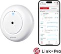 Witte X-Sense watermelder naast een smartphone met de "My House" app, die temperatuur en luchtvochtigheid toont.