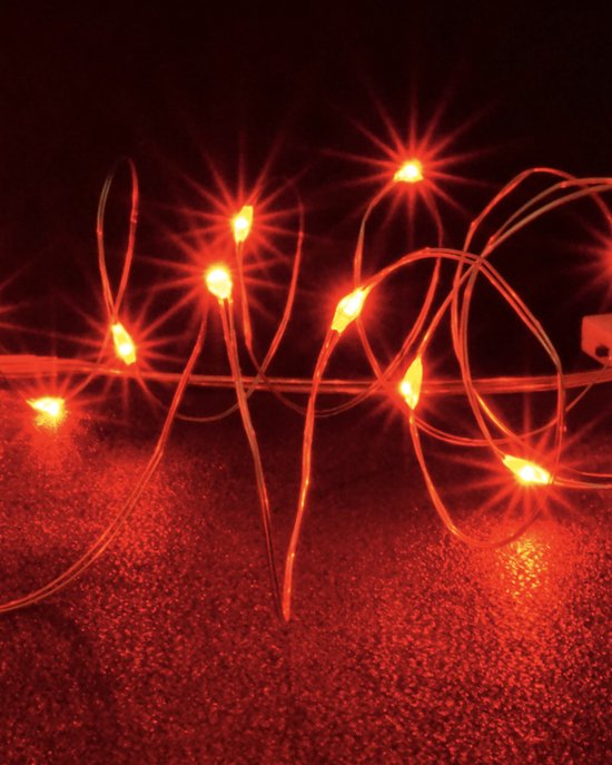 Rode Glow String Lights by Aira - Draadverlichting lichtsnoer met 20 LED lampjes op batterij 200cm - Lampensnoer kerstverlichting - Fairy Lights - DIY kostuum kleding carnavals verlichting - sfeer batterijverlichting slinger - feest partylights