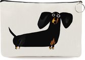 Teckel - etui - toilettas - make-up tas - tas - linnen - wit - hond - 25x17cm - zwart - gekke teckel