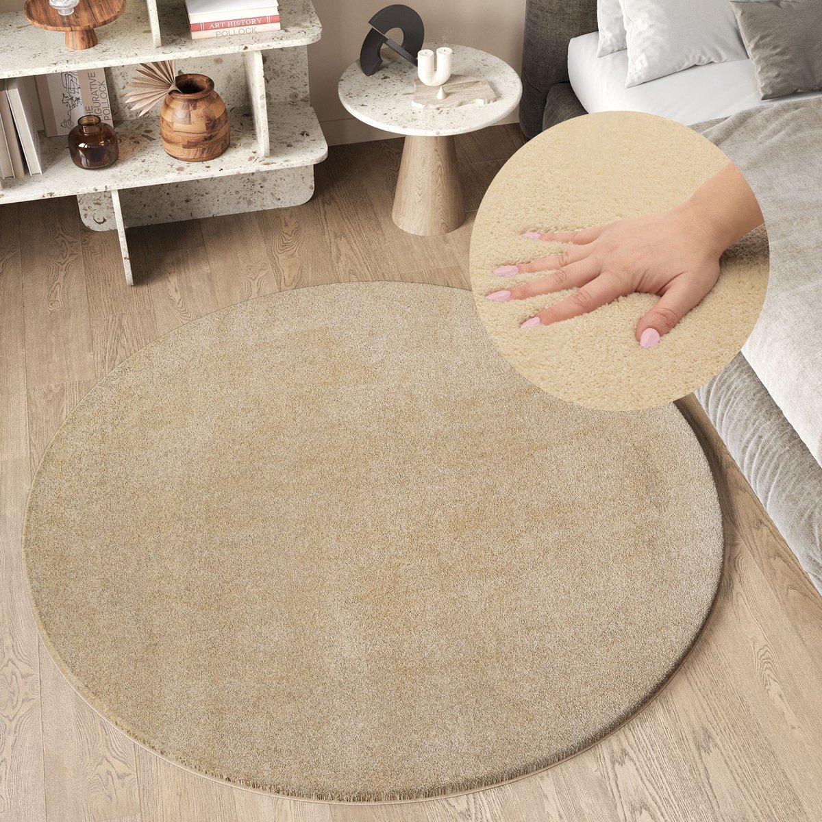 Tapiso Cuddle Rond Vloerkleed Creme Hoogpolig Shaggy Tapijt Maat- 200x200 Beige Rond