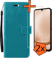 Hoesje Geschikt voor Samsung A25 Hoes Bookcase Flipcase Book Cover Met 2x Screenprotector - Hoes Geschikt voor Samsung Galaxy A25 Hoesje Book Case - Turquoise