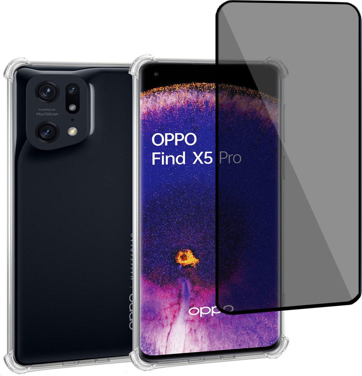 Geschikt voor OPPO Find X5 Pro - Hoesje + Privacy Screenprotector – Privé - Gehard Glas Cover