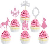 Sprookjes Cupcake Topper Set - 6 Stuks - Prinses - Kasteel - Paard - Kroon- Roze en Wit - Cupcake Versiering - Verjaardag Versiering - Cupcake Decoratie - Kinderfeestje - Toppers - Taarttopper - Cake Topper