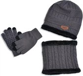 KB-ETHOS Unisex 3-Delige Winter Set Muts Sjaal Handschoenen Acryl Teddy Gevoerd Grijs Zwart