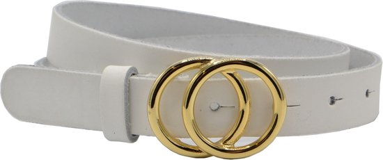 LEUKE WITTE 2.5CM BREDE RIEM VAN SPLITLEER MET GOUD KLEURIGE GESP. MAAT 95