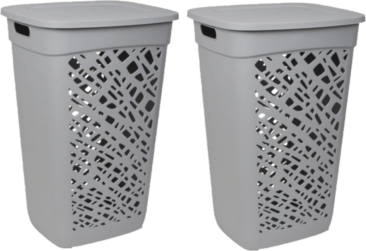Goedkoopste 2x stuks wasmanden/wasboxen met deksel grijs kunststof L43 x B36 x H63 cm - 60 liter - Wasmanden/wasboxen