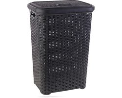 Plasticforte Wasmand met deksel - 60 liter - antraciet - rotan - kunststof - L35 x B43 x H62 cm