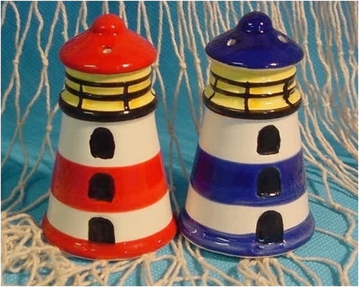 Peper en zout stel - keramiek - 8 cm - vuurtoren design - Maritiem - blauw en rood