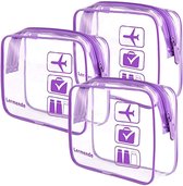 Trousse de toilette transparente, testée TSA, pour voyage, bagage à main, sac transparent, sac compatible aéroport, accessoires de voyage, quart de taille, kit de sac à bagages 3-1-1, 2 pièces, 3 violets,