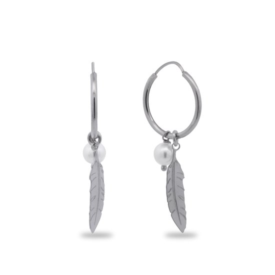 New Bling 9NB-1351 Boucles d'oreilles avec pendentifs en argent - Boucles d'oreilles - Perle - 6 mm - Plume - 20x5 mm - Boucles d'oreilles 19x1,7 mm - Cadeau - Rhodium - Argent