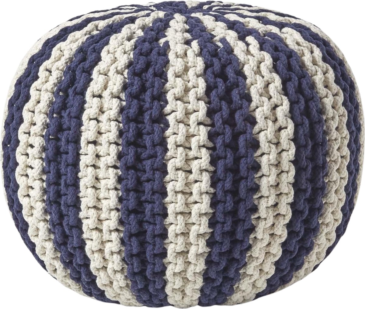 Homescapes Gebreide ronde poef - Streepdesign - Katoen - Donkerblauw en wit - 35 x 40 cm