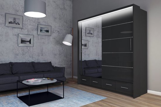 Armoire à portes coulissantes - Zwart brillant - Armoire avec miroir - Planches - Tringle à vêtements - tiroirs - LED - 203 cm