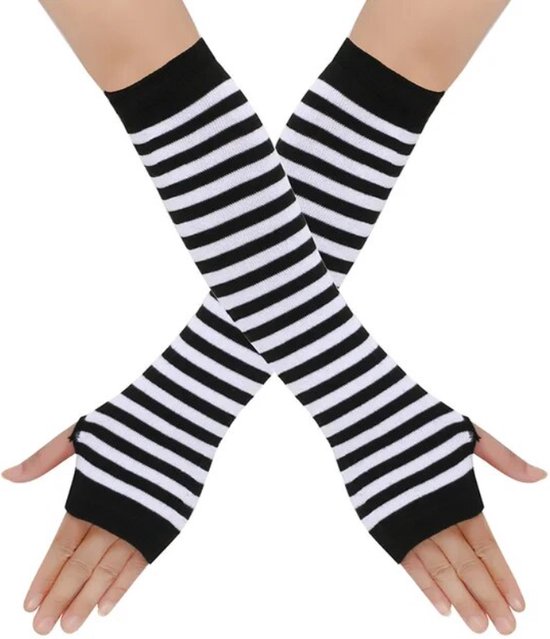 New Age Devi - Lange Vingerloze Zwarte Handschoenen - Gestreept Wit/Zwart - Voor een Alternatieve Gothic Look