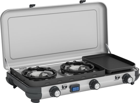 Réchaud de camping Campingaz Camping Kitchen 2 Multi-Cook - Surface de cuisson en 3 parties - Allumage électronique - Gris argenté