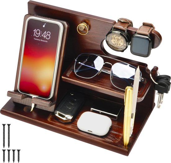 Foto: Belle vous donkerbruin houten telefoon docking station nachtkast tafel organizer telefoon beurs horloge sleutel gadget houder standaard jubileum verjaardagsgeschenk voor mannen accessoires