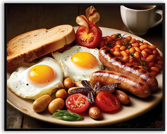 English Breakfast fotolijst met glas 40 x 50 cm - Prachtige kwaliteit - Engeland - Eten - Ontbijt - irush pub - Harde lijst - Glazen plaat - inclusief ophangsysteem - Grappige Poster - Foto op hoge kwaliteit uitgeprint