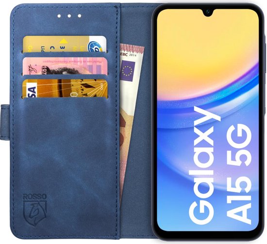 Rosso Element Book Case Wallet Hoesje Geschikt voor Samsung Galaxy A15 | Portemonnee | 3 Pasjes | Magneetsluiting | Stand Functie | Blauw