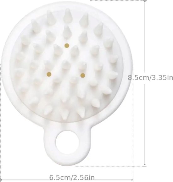 Witte hoofdhuidmassager met ronde siliconen nopjes, 6,5x8,5cm.