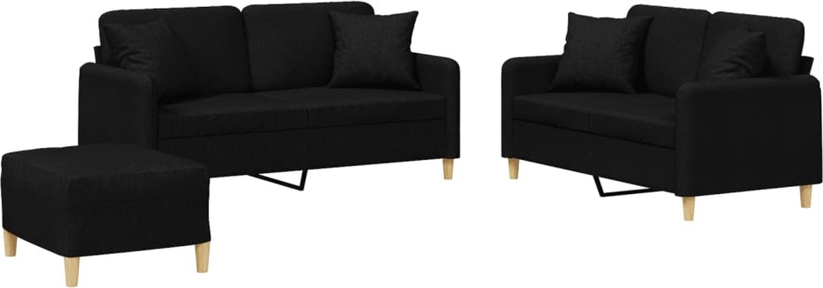vidaXL - 3-delige - Loungeset - met - kussens - stof - zwart