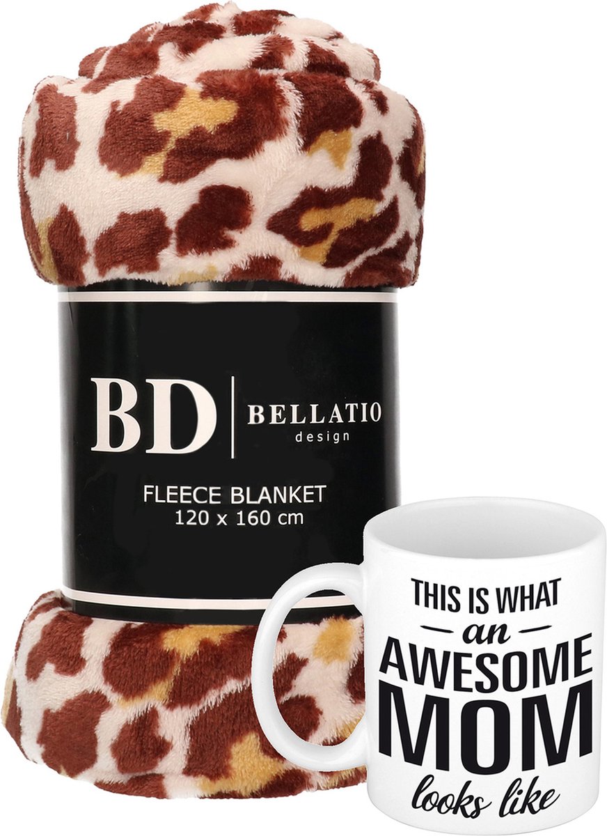 Cadeau moeder set - Fleece plaid/deken panter print met Awesome Mom mok - Mama ontspanning cadeau kerst, moederdag, verjaardag