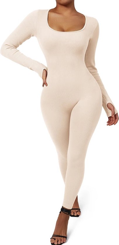 BOUQUET - Body Basic - Côtelé - Manches longues - Combinaison pour femme - Vêtements - Décontracté - Wit- Fitness - Barboteuses 2023 - Y2K - Combishort - Activité - Salopettes Streetwear - Taille S