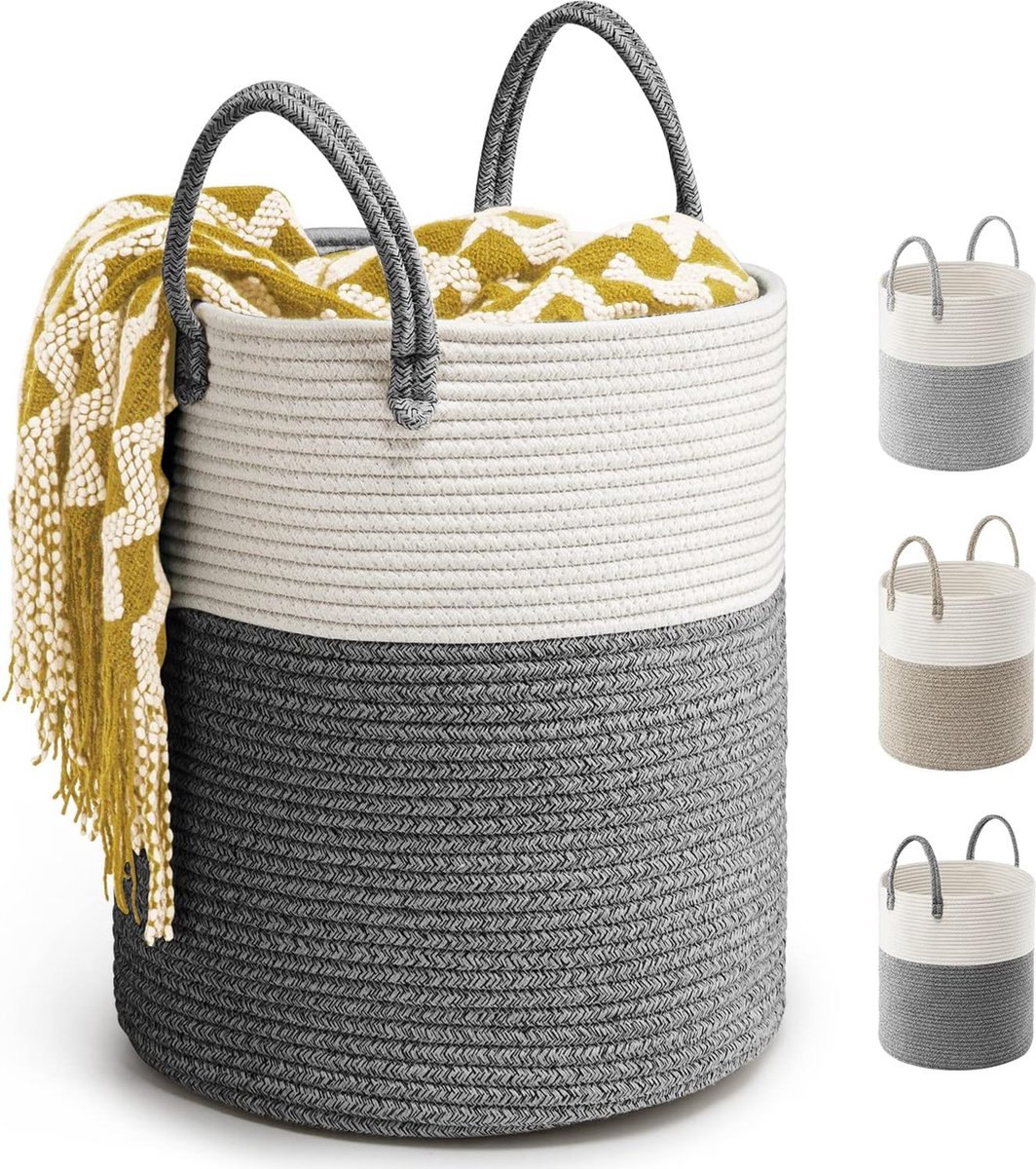 Goedkoopste Grote Wasmand Katoenen Touw 39L Deken Opbergmand D35 x H40 CM Geweven Wasmand met Handgreep Opbergmand Gevlochten Opvouwbare Wasmand voor Thuisopslag en Decoratie (Donkergrijs