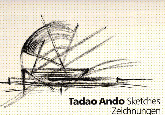 Page de titre "Tadao Ando Sketches Zeichnungen" avec des croquis abstraits au crayon sur fond jaune à pois.