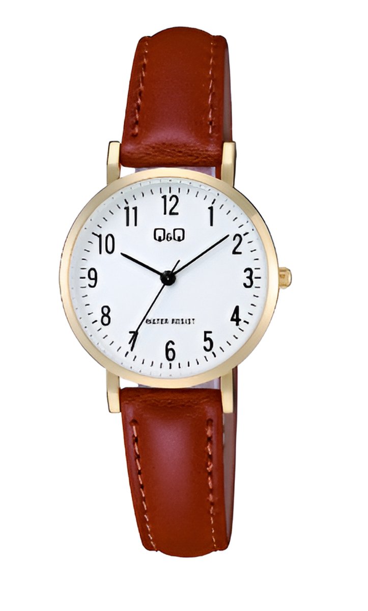 QQ C66A-002PY - Horloge - Vrouwen - Dames - Leren band - Rond - Staal - Rood - Goudkleurig