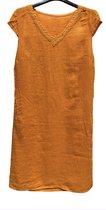 Linnen jurk - v-hals en broderie - kapmouwen - elastische rug - zijzakken maat - kleur ORANJE - maat 42/44