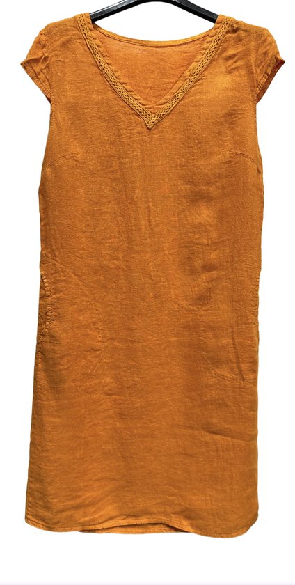 Robe en lin à manches longues avec poches latérales, sous-couche, manches ajustables, longueur genou, Taille 38