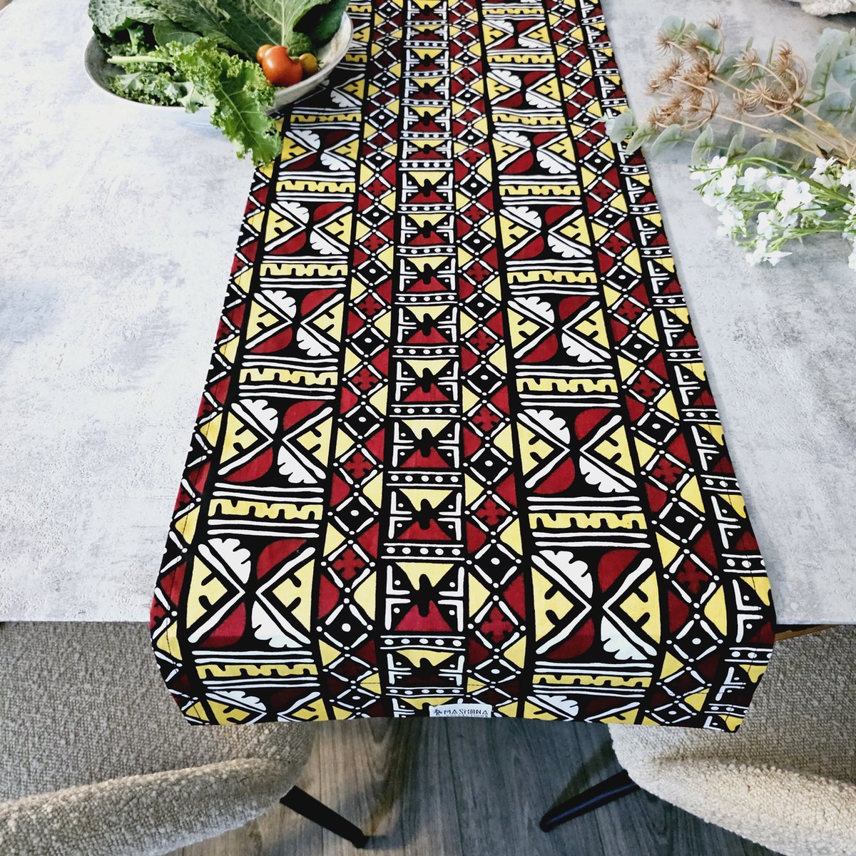 Handgemaakte Tafelloper | 200x35cm | Afrikaanse Print "Mudcloth" Bogolan Geïnspireerde Print Tafelloper Gemaakt van 100% Afrikaanse Print Stof |