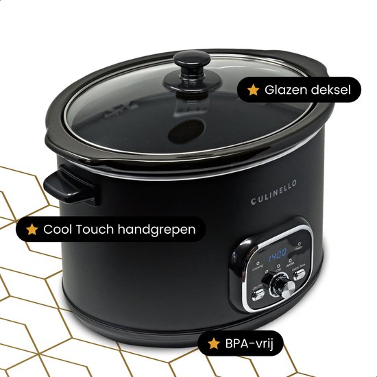 Zwarte Culinello slowcooker met glazen deksel en "Cool Touch" handgrepen. De tekst benadrukt "BPA-vrij".