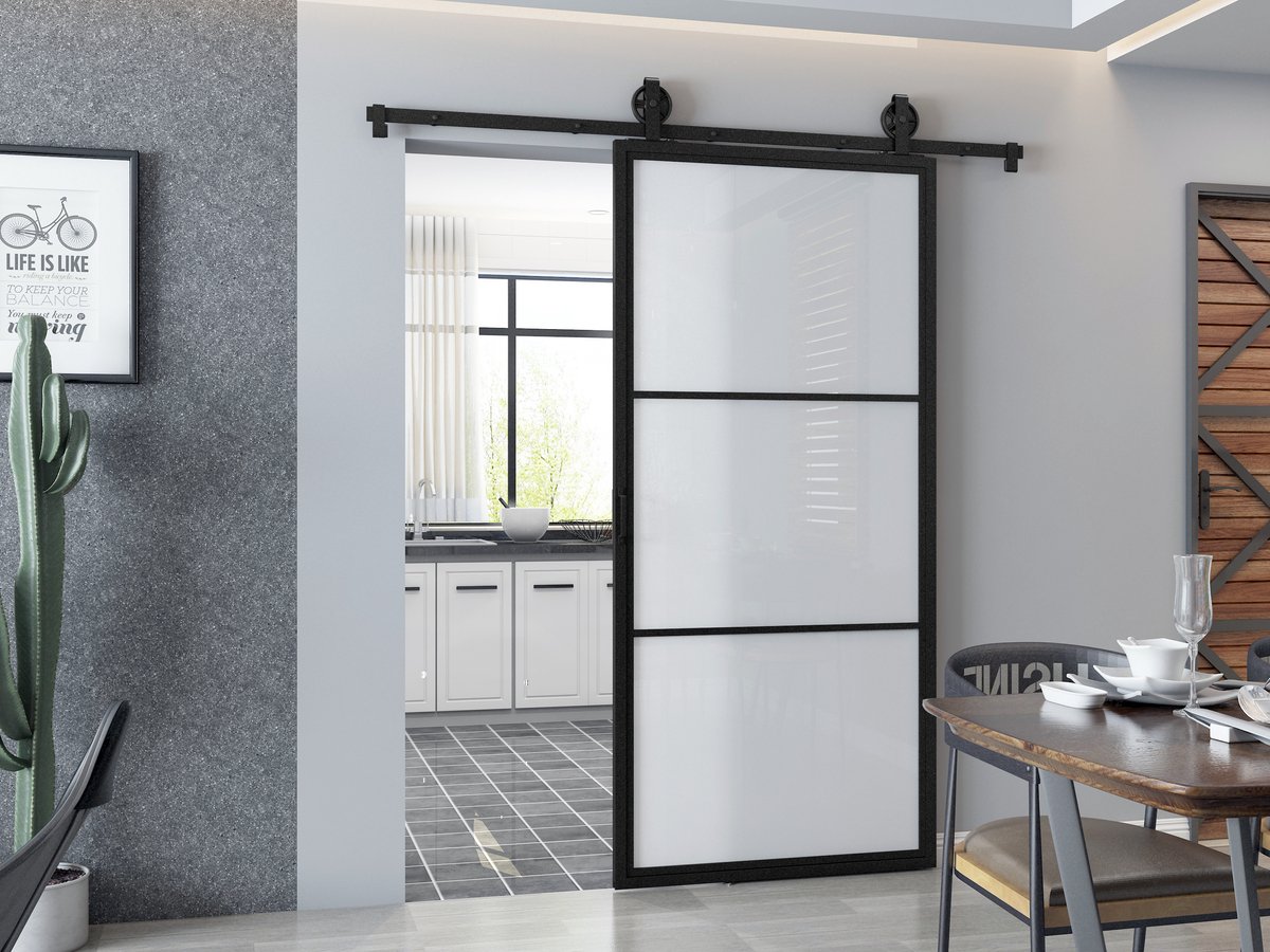 Barnwoodweb Schuifdeur - 3 Vaks Melkglas - Industrieel Zwart Staal - 100x215 cm - Inclusief Schuifdeursysteem en Deurgreep