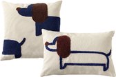 Teckel - hond - set van 2 kussenslopen - kussenhoes - kussensloop - geborduurd - blauw - bruin - retro - vintage - teckels - kussen - kussens - sierkussen - sierkussenhoes