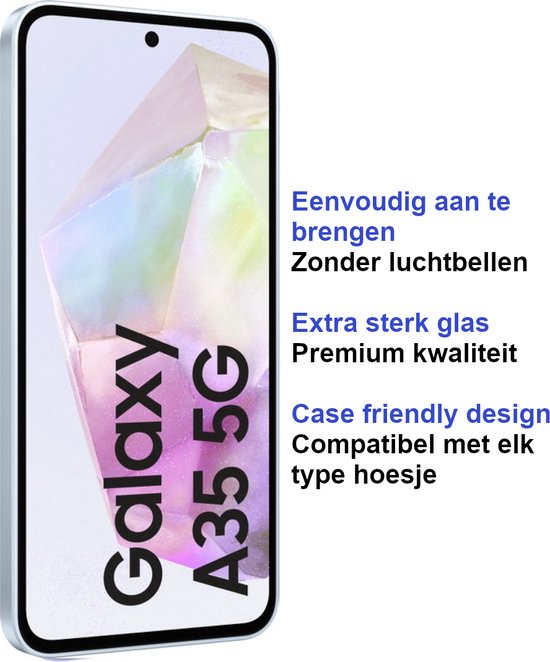 Grijze telefoon, Galaxy A35 5G, met screenprotector. Makkelijk aan te brengen, extra sterk.