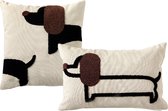 Teckel - hond - set van 2 kussenslopen - kussenhoes - kussensloop - geborduurd - zwart - bruin - retro - vintage - teckels - kussen - kussens - sierkussen - sierkussenhoes