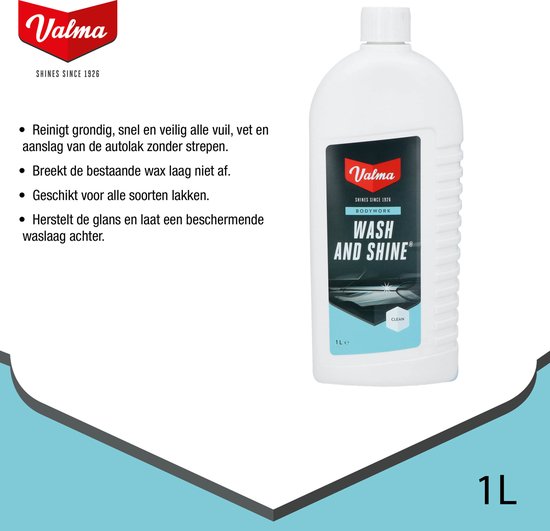 Valma Wash and Shine autoshampoo 1L. Reinigt grondig, snel en veilig. Herstelt de glans en laat een beschermende waslaag achter.
