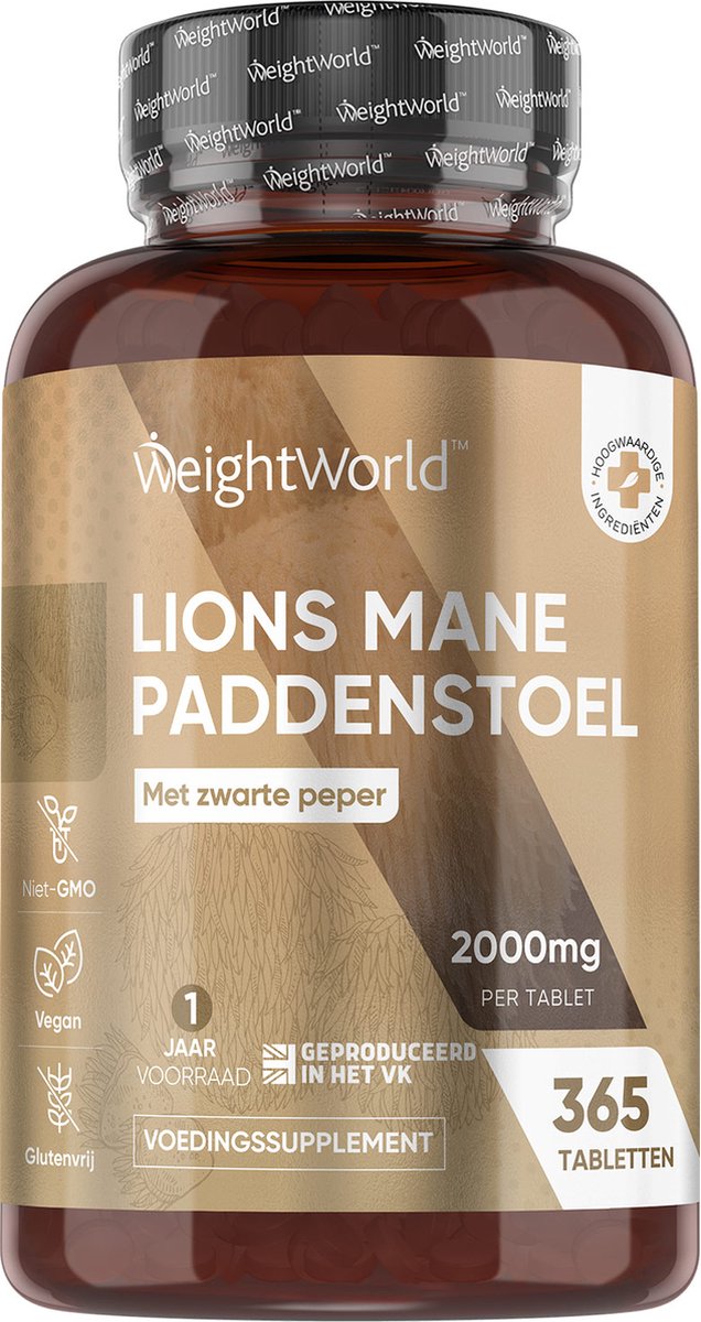 Goedkoopste Lion's Mane tabletten - 2000 mg - 365 Lions Mane tabletten voor 1 jaar voorraad - Verrijkt met zwarte peper - Hericium Erinaceus supplement van WeightWorld
