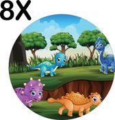 BWK Luxe Ronde Placemat - Vrolijke Cartoon Dino's - Set van 8 Placemats - 50x50 cm - 2 mm dik Vinyl - Anti Slip - Afneembaar